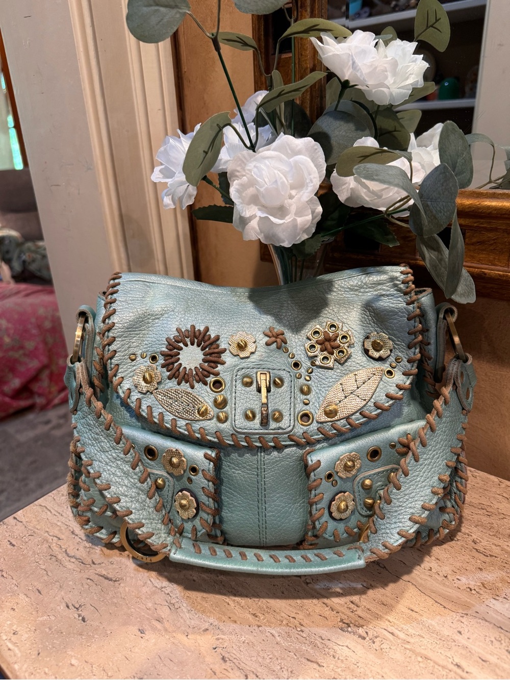 READ Rafe New York Embellished Pale Blue Leather Bag with Whipstitch Trim